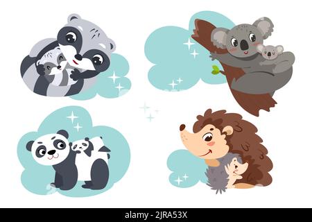 I cartoni animati addormentano su nuvole e rami. Set di bambini dormienti koala grigio, panda, raccoon e hedgehog personaggi e madri felici piatto vettore illustrazione. Collezione di adesivi per la famiglia. Illustrazione Vettoriale