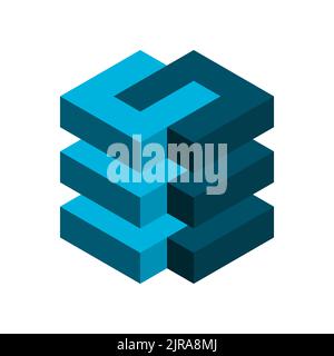 Edificio geometrico blu. Architettura, concetto di costruzione. Rack per server tecnologici. Idea di connessione. Rettangoli in una colonna. Processo di progettazione. Illustrazione Vettoriale