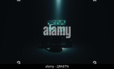 Anonimo hacker in Hood cracking file segreti su un computer in un buio sotterraneo nascondiglio di notte Foto Stock