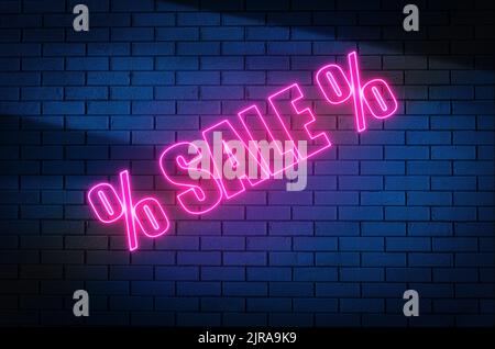 Background di vendita. VENDITA iscrizione rosa neon su una parete di mattoni scuri. Shopping, vendite, concetto. Foto di alta qualità Foto Stock