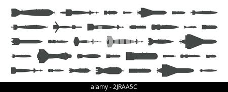 Icona della vista dall'alto della bomba pneumatica. Silhouette nera di razzi aerei, missili balistici, siluri, icone atomiche della testata di guerra. Elementi di armamento per militari Illustrazione Vettoriale