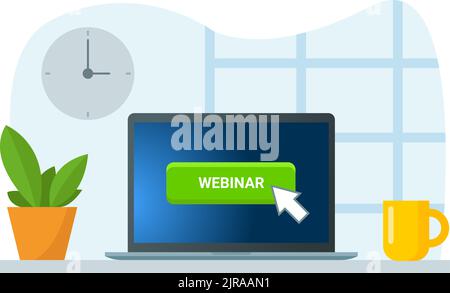 Webinar, formazione e presentazione online. Presentazione aziendale, streaming video, videoconferenza e comunicazione. Illustrazione piatta per il webinar di formazione online. Illustrazione Vettoriale