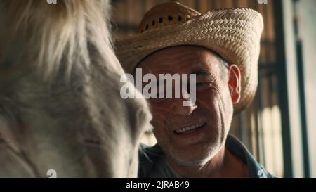Uomo anziano positivo in cappello di paglia che abbraccia e bacia la testa di cavallo albino mentre lavora in stalla su ranch Foto Stock