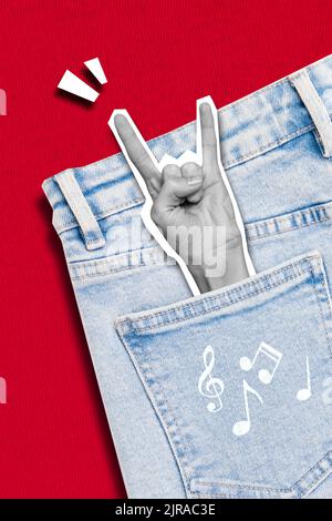 Creative 3D collage artwork cartolina poster magazine schizzo di braccio mostra rock segno jeans tasca isolato su sfondo disegno Foto Stock