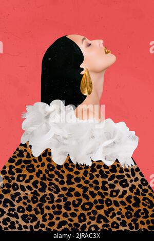 Creative 3D collage artwork poster cartolina schizzo profilo vista laterale foto di bella ragazza abito elegante isolato su sfondo disegno Foto Stock