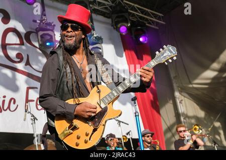 Peter Lee dei Dualers si esibisce al Weyfest Festival di Tilford, Inghilterra, Regno Unito. Agosto 21, 2022 Foto Stock