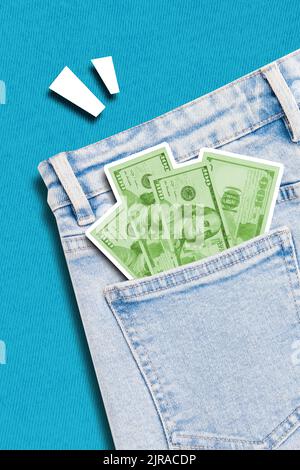 Creative 3D collage artwork Postcard poster magazine schizzo di denaro jeans tasca isolato su sfondo pittura Foto Stock