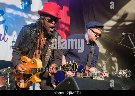 Peter Lee dei Dualers si esibisce al Weyfest Festival di Tilford, Inghilterra, Regno Unito. Agosto 21, 2022 Foto Stock