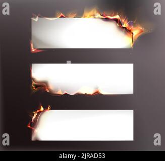 Fogli strappati bruciati realistici con bordi bruciati. Set di pagine di carta sbavate con fuoco e cenere nera su sfondo scuro. Carbonizzati vecchi pezzi di pergamena in fiamma con bruciati bordi irregolari. Illustrazione Vettoriale