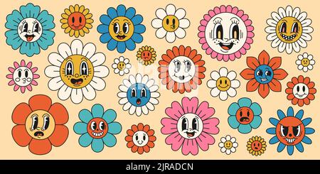 Fiori di margherita con facce di cartoni animati. Simpatici personaggi camomilla sorridenti, stile trendy retro groovy, psichedelico hippie 60s, arredamento botanico isolato Illustrazione Vettoriale