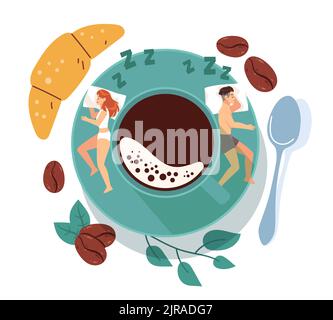 Lunedì mattina dura, ogni giorno mattina risveglio sfida. Uomo e donna che dormono sonnolenti sui cuscini, vista dall'alto della tazza da caffè, espresso e croissant. Presto Illustrazione Vettoriale