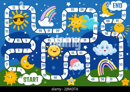 Gioco da tavolo per famiglie per bambini. Gioco di boardgame per bambini con simpatici elementi meteorologici sul cielo scuro. Percorso, numeri e sole, luna, arcobaleno colorato, nuvola divertente e stella felice sul campo da gioco vettore illustrazione. Illustrazione Vettoriale