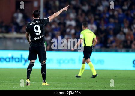 Genova, Italia. 22nd ago, 2022. Dusan Vlahovic della Juventus FC gesta durante la Serie Una partita tra noi Sampdoria e Juventus FC allo Stadio Luigi Ferraris il 22 agosto 2022 a Genova. Credit: Marco Canoniero/Alamy Live News Foto Stock