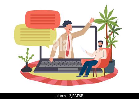 Webinar online, controllo remoto, conferenza o formazione su Internet. Enorme computer portatile con insegnante sullo schermo, uomo che ascolta le lezioni da casa, video Illustrazione Vettoriale