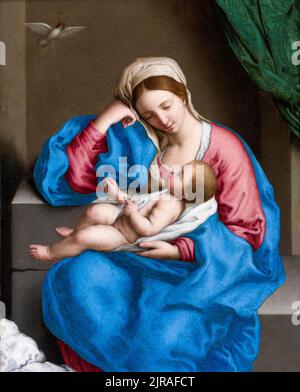 Dipinto Giovanni Battista Salvi da Sassoferrato, Madonna con il Bambino del Bambino che tiene Un Goldfinch su una corda, olio su rame, prima del 1685 Foto Stock