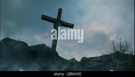 3D immagine di Gesù Cristo appesa a croce di legno su una scogliera contro il cielo grigio sovrastato Foto Stock