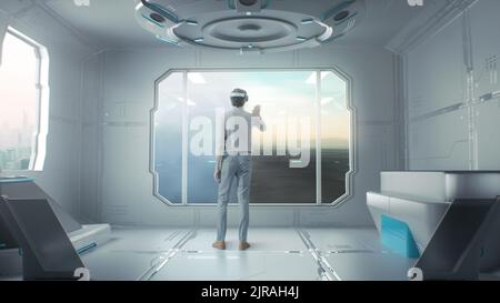 Maschio irriconoscibile indossando occhiali VR e selezionando la vista dalla finestra nella stanza della realtà virtuale Foto Stock