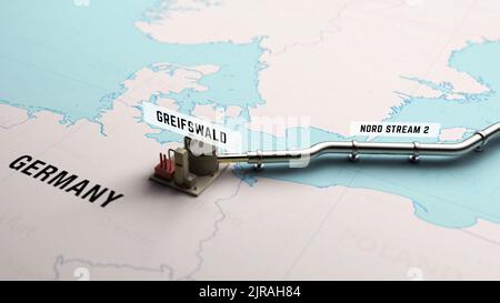 3D rendering del processo Nord Stream 2 costruzione di gasdotto tra Russia e Germania sulla mappa Foto Stock