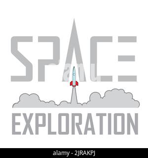 Illustrazione del logo Space Exploration con cartoon Rocket Illustrazione Vettoriale