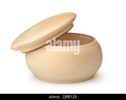 Contenitore rotondo in legno non verniciato con coperchio isolato su bianco Foto Stock
