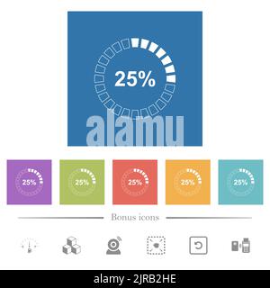 il 25% ha caricato icone bianche piatte su sfondi quadrati. 6 icone bonus incluse. Illustrazione Vettoriale