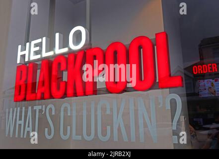 Ciao Blackpool - che cosa è clucking? KFC, Fast food, Junk Food, Fried Food che abbatte le aspettative di vita in Lancashire e al mare, Inghilterra, Regno Unito Foto Stock