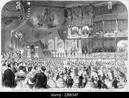 Gran palla data in onore del Principe di Galles, all'Accademia di Musica, 12th ottobre 1860, da un comitato dei cittadini di New York. Visita di Alberto Edoardo, Principe di Galles (Edoardo VII), in America. Illustrazione del 19th° secolo dal quotidiano illustrato di Frank Leslie Foto Stock