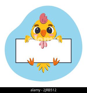 Piccolo pollo con striscione bianco. Simpatica illustrazione vettoriale disegnata a mano con sfondo blu. Modello di scheda modificabile. Illustrazione Vettoriale