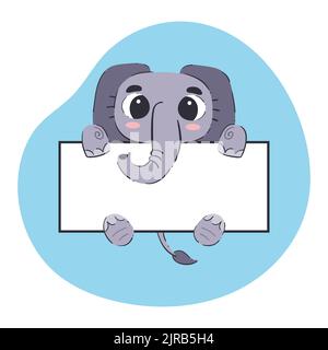 Elefante con una bandiera bianca. Simpatica illustrazione vettoriale disegnata a mano con sfondo blu. Modello di scheda modificabile. Illustrazione Vettoriale