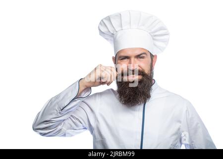 Ritratto di un cuoco chef felice. Cuoci cappello. Cuoco, cuochi o panettiere con bearded. Cuochi maschi bearded isolati su bianco. Chef divertente con cuoco per la barba. Barba uomo e. Foto Stock
