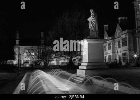 Fontana illuminata di fronte alla statua di William Etty di G.W. Milburn e l'Università di York di notte, Inghilterra, Regno Unito. Foto Stock