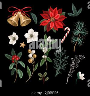 Natale piante botaniche, fiori e campane isolato. Stampa su tessuto o sfondo. Illustrazione Vettoriale