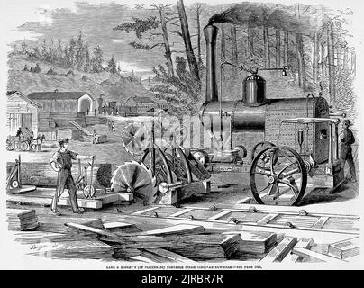 Land and Bodley's (di Cincinnati), Segherie mobili circolari a vapore (1860). Illustrazione del 19th° secolo dal quotidiano illustrato di Frank Leslie Foto Stock