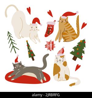 Elementi di vacanza e gatti. Buon Natale stampa Illustrazione Vettoriale