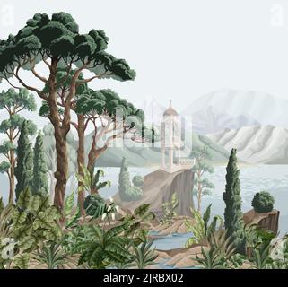 Paesaggio con montagne, mare, alberi e alcova. Stampa interna. Illustrazione Vettoriale