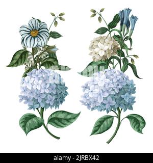 Bouquet con idrangee blu e altri fiori isolati. Vettore. Illustrazione Vettoriale