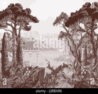 Paesaggio con montagne, mare, alberi e alcova. Stampa interna monocromatica. Illustrazione Vettoriale