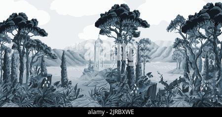 Paesaggio con montagne, mare, alberi e alcova. Stampa interna monocromatica. Illustrazione Vettoriale