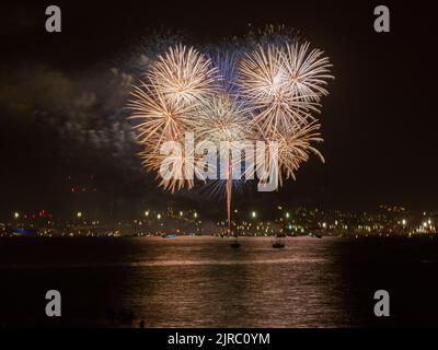 Fuochi d'artificio sul mare all'apertura cerimoniale delle celebrazioni cittadine annunciano l'inizio della settimana annuale Málaga Fiera .Feria de Málaga, Costa d Foto Stock