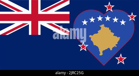 Bandiera del Kosovo sotto forma di cuore sulla bandiera della Nuova Zelanda. Sostegno alleato al Kosovo. Doppio flag piatto - illustrazione. Foto Stock