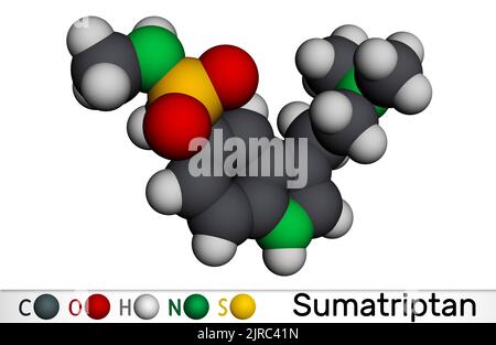 Molecola di Sumatriptan. È agonista del recettore della serotonina usato per trattare l'emicrania, cefalea. Modello molecolare. Rendering 3D. Illustrazione Foto Stock