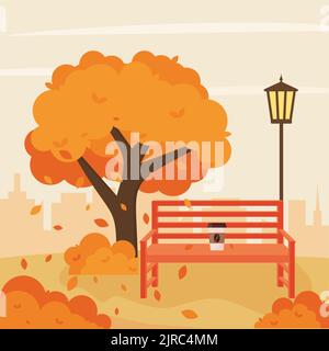 Parco cittadino autunnale con panca e lampione. Illustrazione vettoriale di uno stile piatto. eps 10 Illustrazione Vettoriale