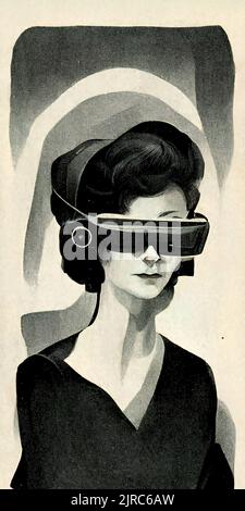 Una foto verticale di una donna vintage in stile 1960s che indossa un visore VR Foto Stock