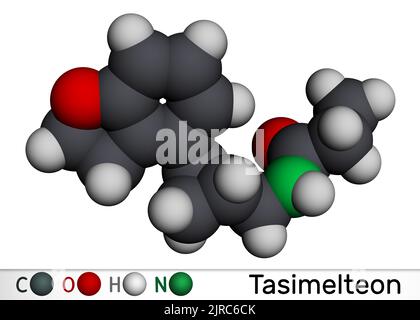 Molecola di Tasimelteon. È farmaco di disturbo del sonno. Modello molecolare. Rendering 3D. Illustrazione Foto Stock
