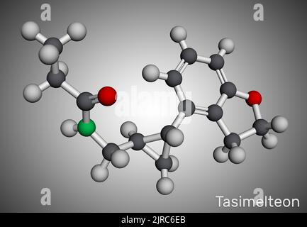 Molecola di Tasimelteon. È farmaco di disturbo del sonno. Modello molecolare. Rendering 3D. Illustrazione Foto Stock