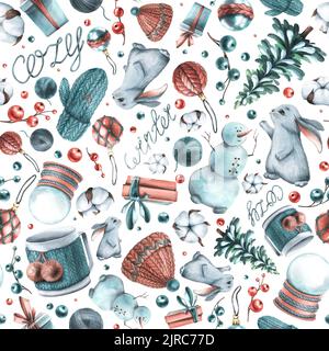 Capodanno, modello natalizio su sfondo bianco con piante, coniglietti, pupazzi di neve, alberi di Natale, giocattoli di Natale, vestiti a maglia. Acquerello Foto Stock