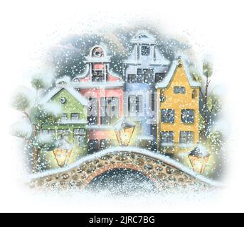 Panorama di una città europea, invernale, case carine con lanterne, un ponte e la neve. Illustrazione acquerello. Per la progettazione e la decorazione di poster Foto Stock