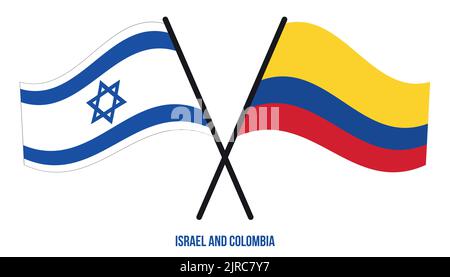 Bandiera di Israele e Colombia attraversata e ondeggiante stile piatto. Proporzione ufficiale. Colori corretti. Illustrazione Vettoriale