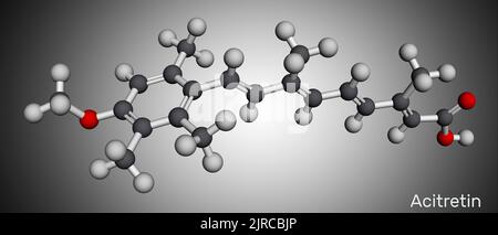 Molecola di acitretina. È retinoide usato nel trattamento della psoriasi. Modello molecolare. Rendering 3D. Illustrazione Foto Stock