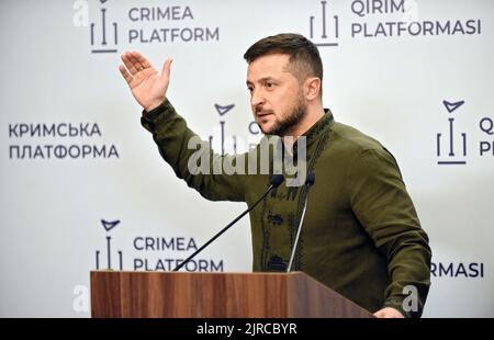 Kiev, Ucraina. 23rd ago, 2022. KIEV, UCRAINA - 23 AGOSTO 2022 - il presidente ucraino Volodymyr Zelenskyy incontra i rappresentanti dei media alla fine della piattaforma di Crimea, Kiev, capitale dell'Ucraina. Credit: Ukrinform/Alamy Live News Foto Stock